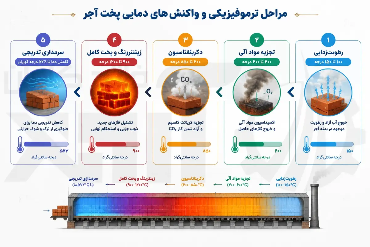 اینفوگرافیک مراحل ترموفیزیکی و نمودار واکنش‌های دمایی پخت آجر در کوره تونلی